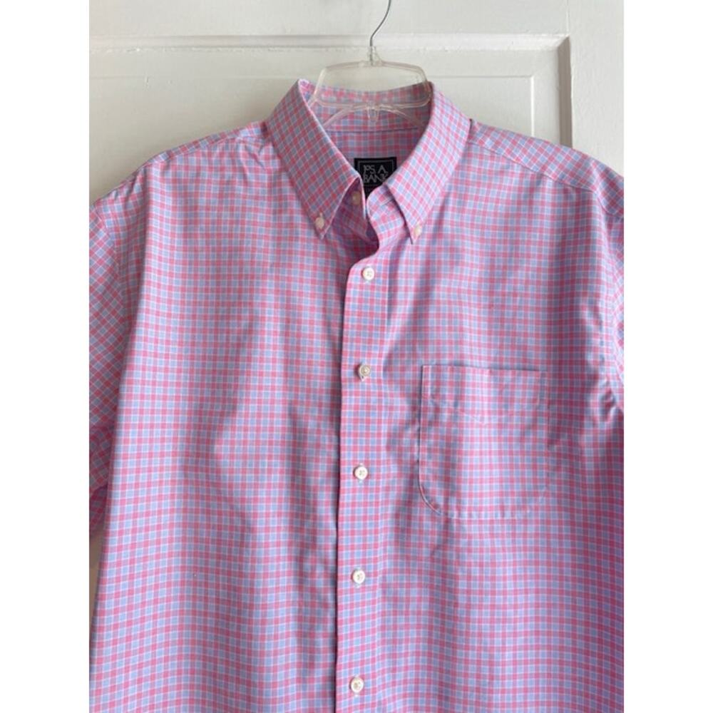 Jos. A. Size Large Short Sleeve Button Front Pink & Blue‎ Plaid Shirt - Picture 2 of 4